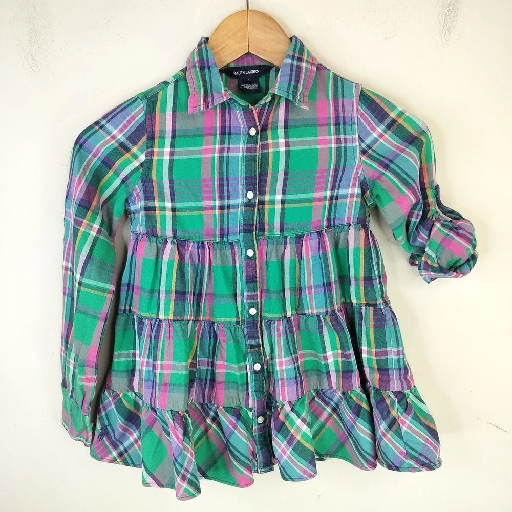 Ralph Lauren Plaid Tiered Shirt Dress Size 7 Girls Green Pink Preppy Button Up